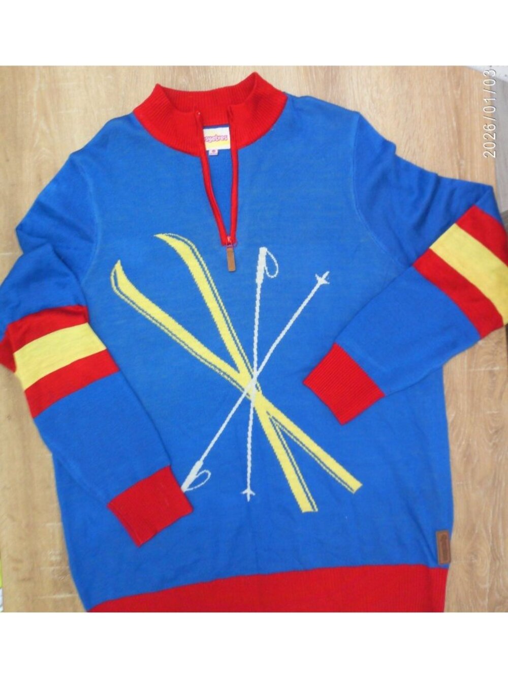Tipsy Elves Ski-Themed 1/4 Zip Pullover Sweater XXL Blue Red Yellow